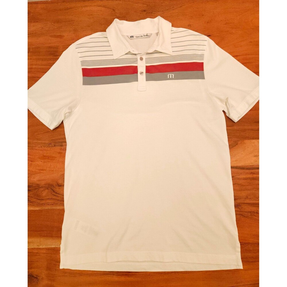 Travis Mathew Polo Mens M White Orange Gray Chest Stripe Pima Cotton Golf Shirt